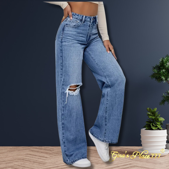 New Womens Y2K High Waisted Ripped Wide Leg Boot Cut Jeans Medium Wash Sz: Large - Picture 5 of 12